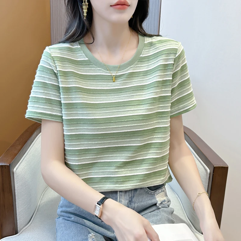 圆领条纹T恤女短袖宽松显瘦2025年新款爆款夏季时尚韩版体恤上衣