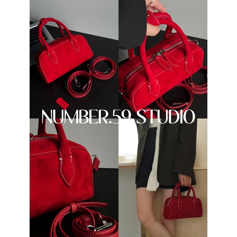 【No.59】设计感正红色韩系撞色线条羊京绒羊皮波士顿包包