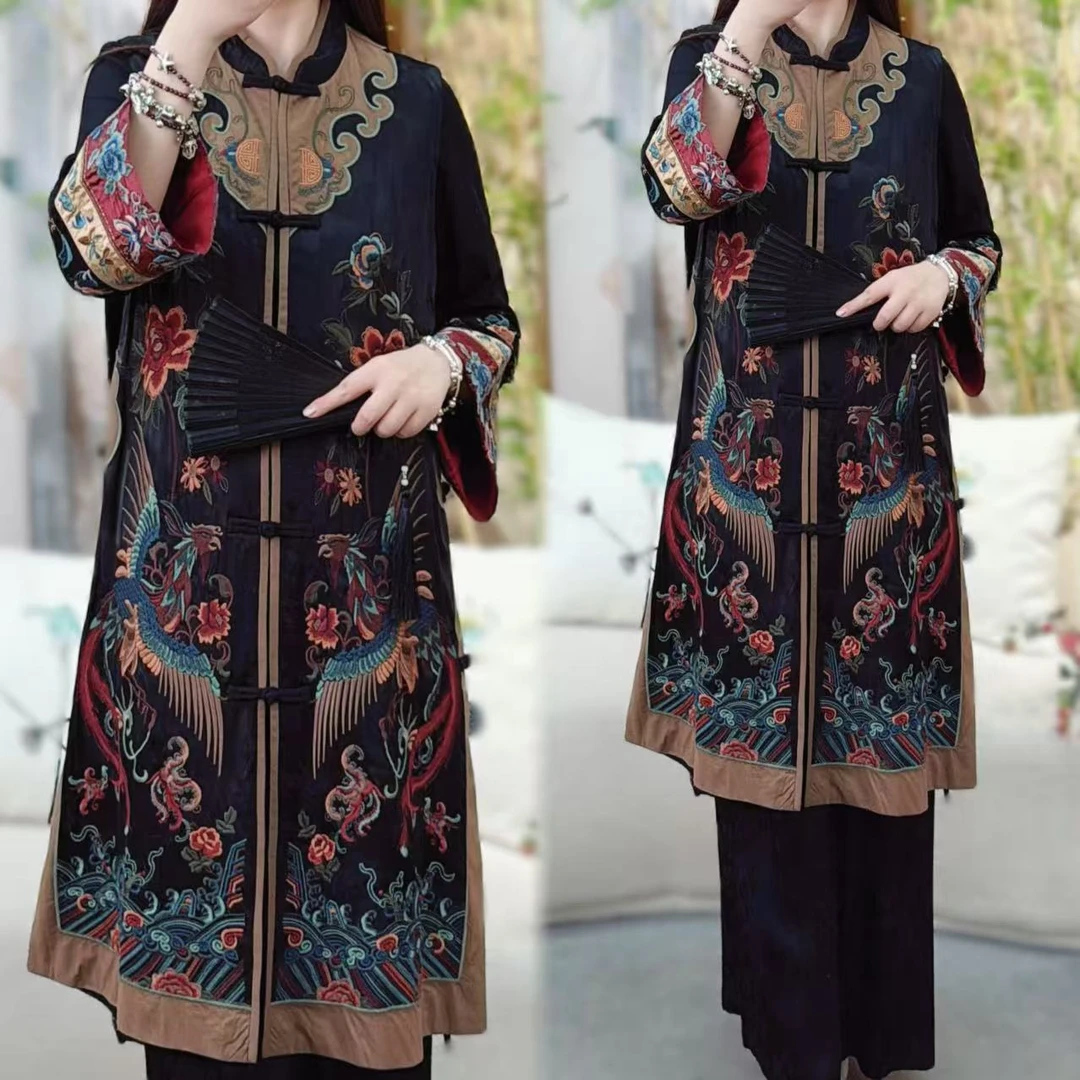 民族风国风立领盘扣重工刺绣中长款开衫马夹外套气质百搭6319