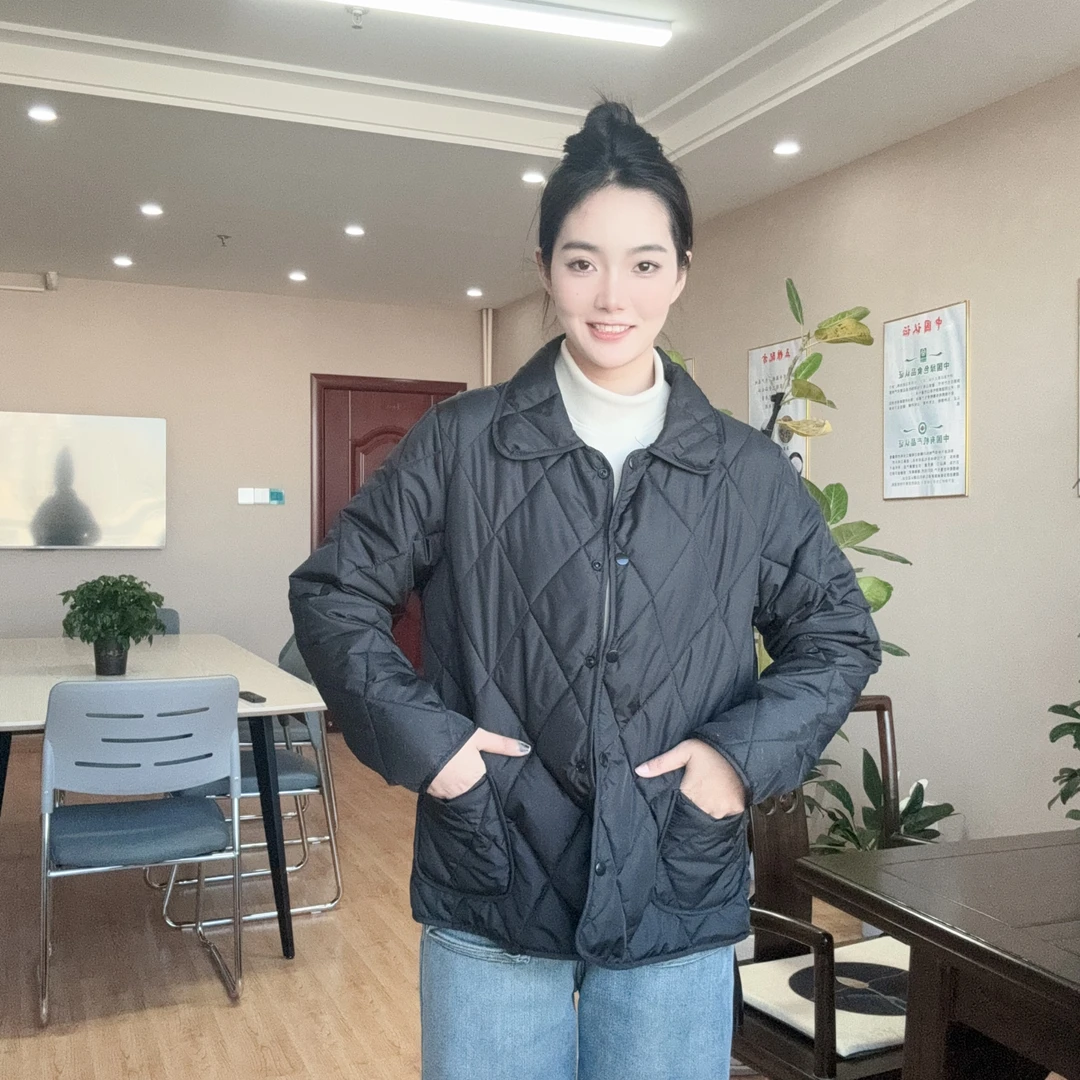 翻领菱形棉袄保暖薄款短款棉服秋冬新款时尚女士妈妈装气质