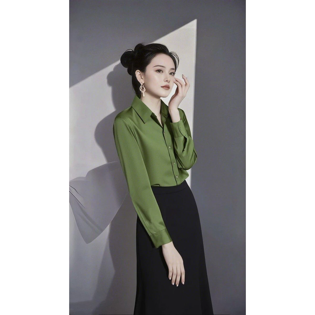 SS2000衬衫女设计感小众百搭气质衬衣丝光绿色缎面上衣半裙两件套