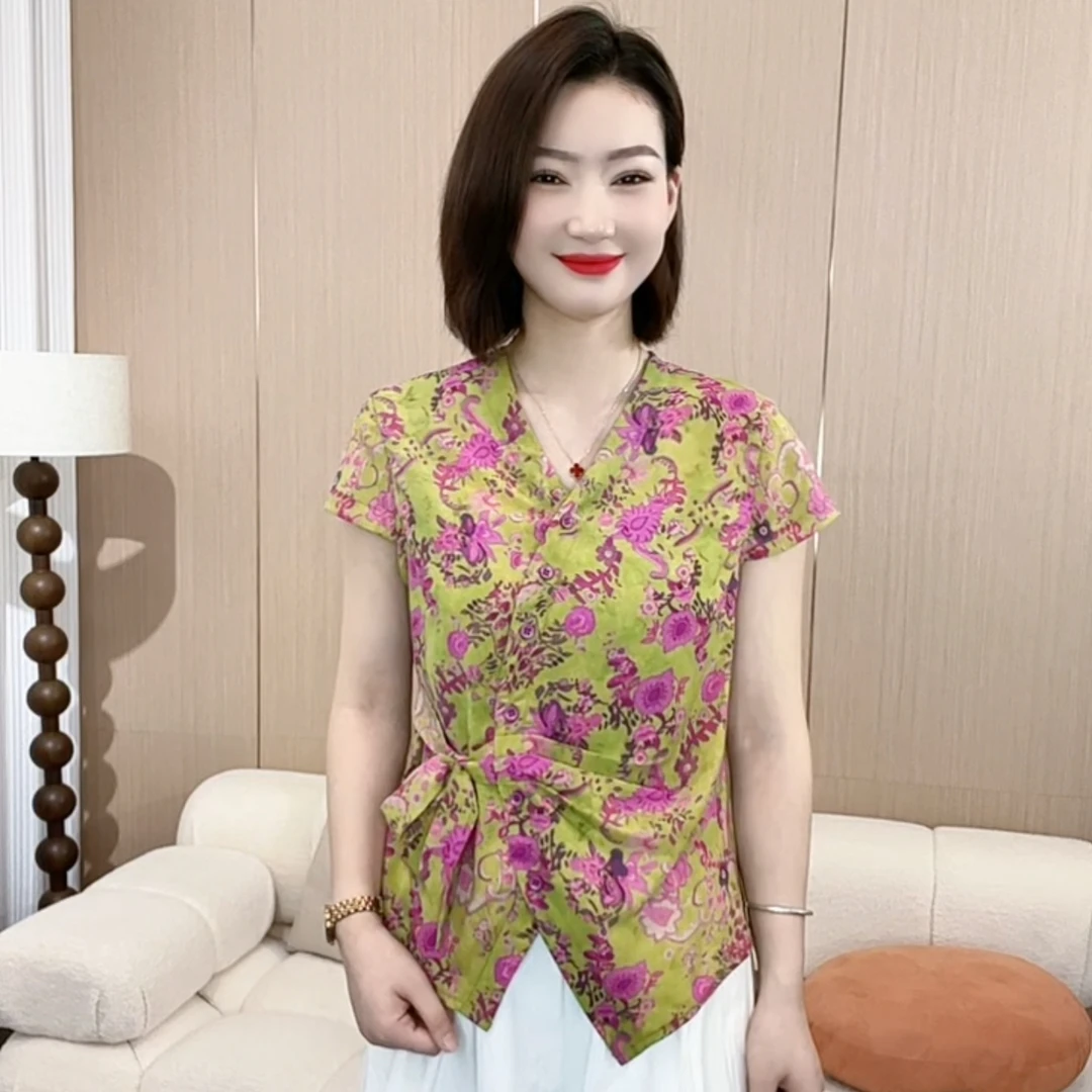 2025夏季时尚潮流新款简约V领印花系带气质休闲百搭短袖P1562