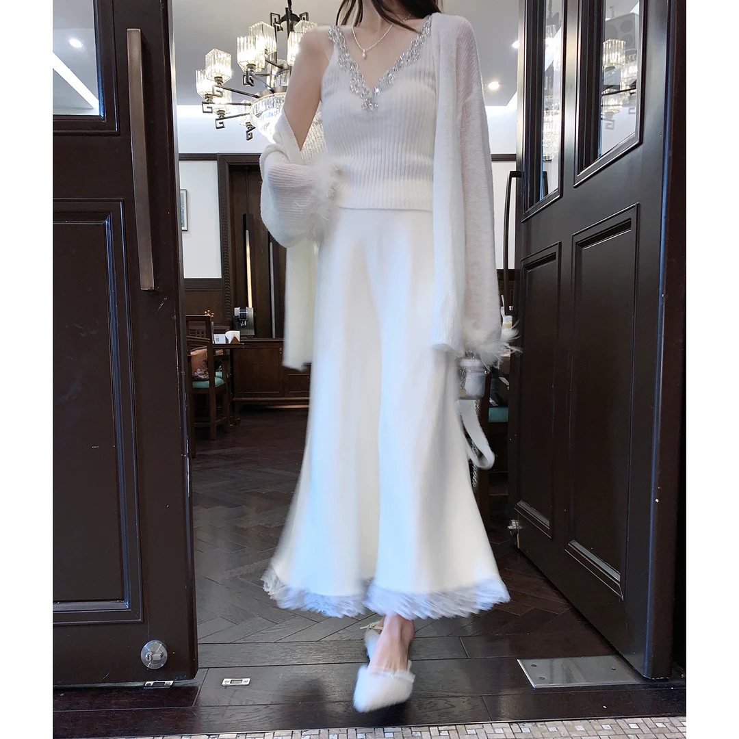 果果家 新中式2025女士显瘦中国风高腰长裙A型半身裙针织秋冬