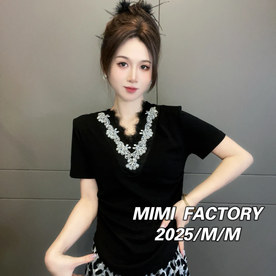 芈芈 2025夏季新款 蕾丝镶钻V领短袖T恤女修身时尚百搭上衣4609#