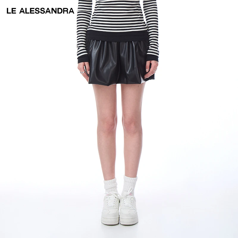 品牌直营 LE ALESSANDRA 花苞皮裙松紧腰织带打底半身裙裤