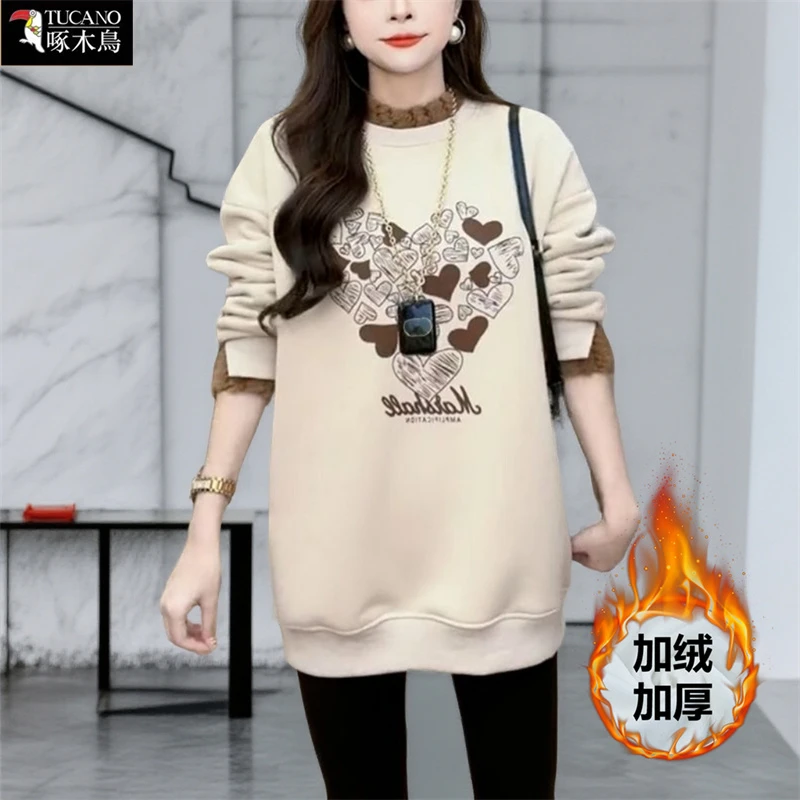 啄木鸟正品半高领上衣中长款女2025年秋冬加绒加厚保暖假两件卫衣