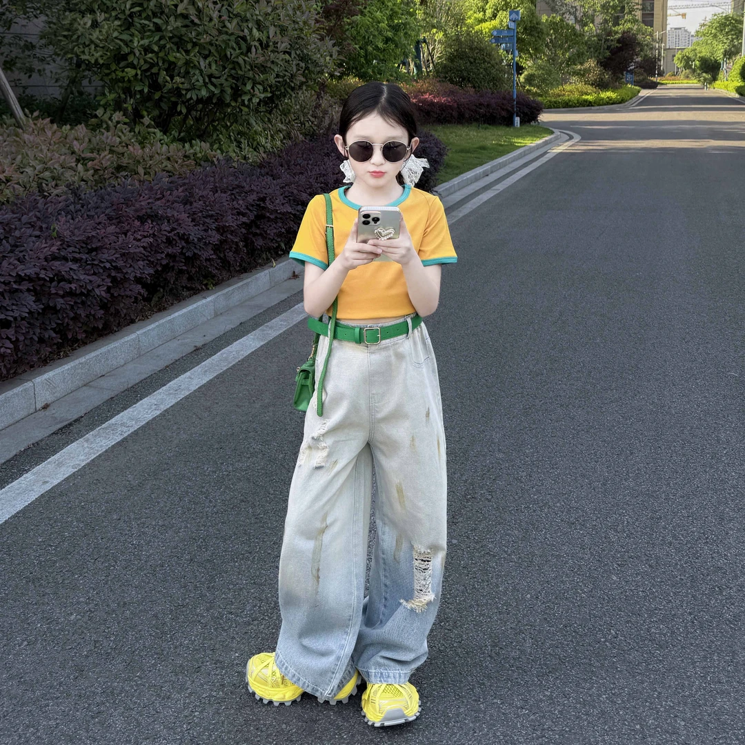 女童短袖T恤破洞牛仔裤套装2025新款中大童休闲裤子韩版短袖夏装