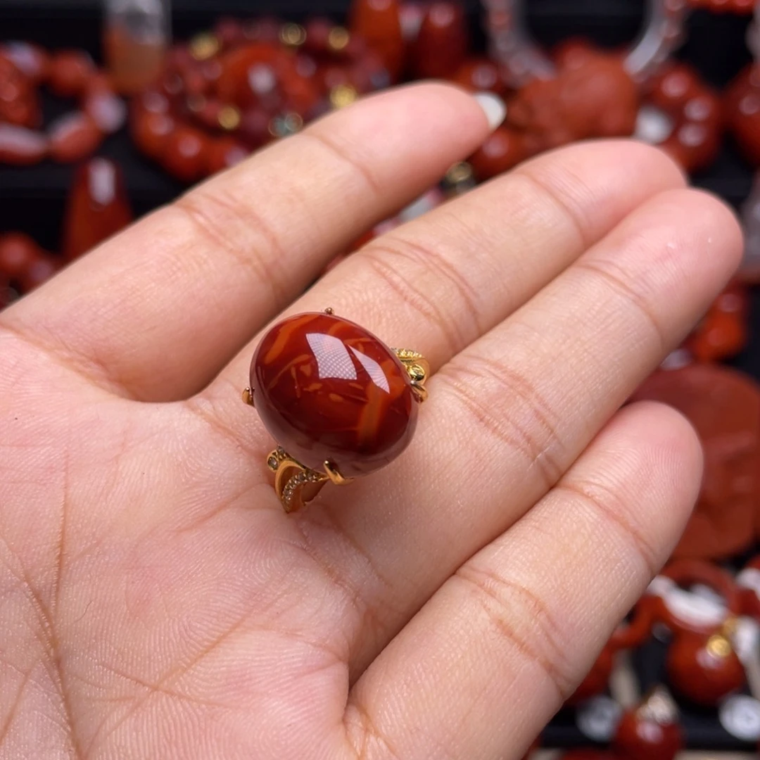 南红玛瑙银S925镶嵌珠宝奇石戒指
