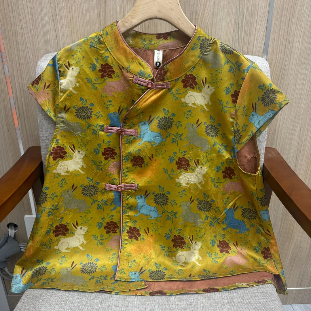 斜襟短袖无袖常规兔子纹样上衣中国风提花大花黄色1068