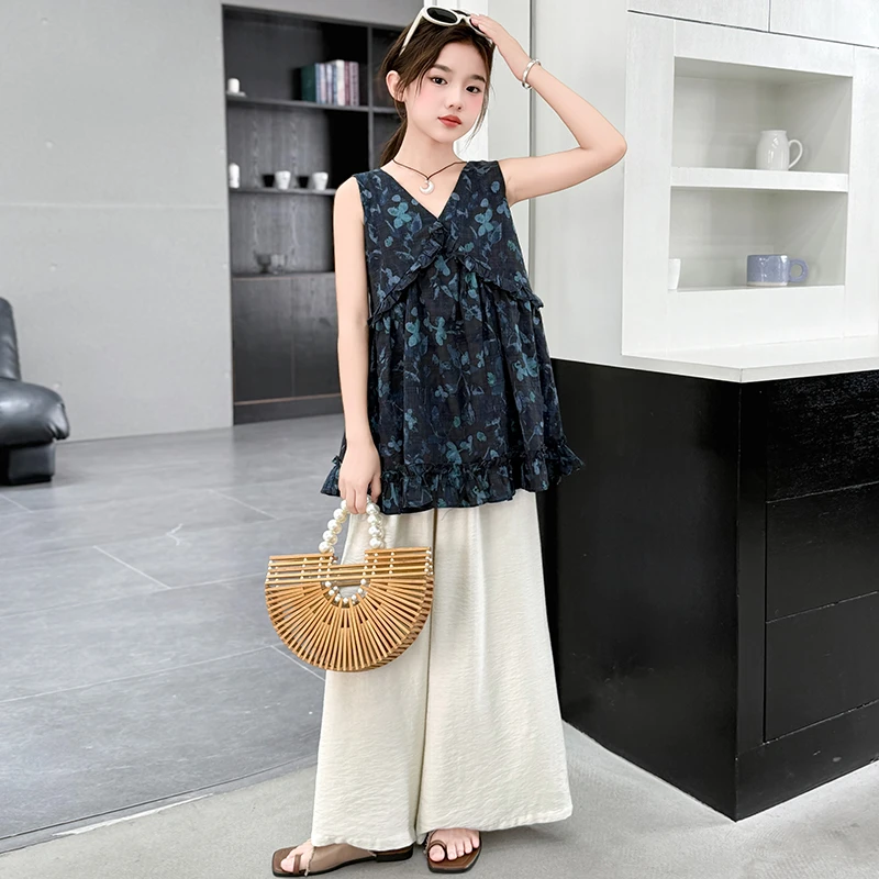 女童薄款套装2025夏季新款洋气碎花无袖阔腿裤两件套时髦复古女装