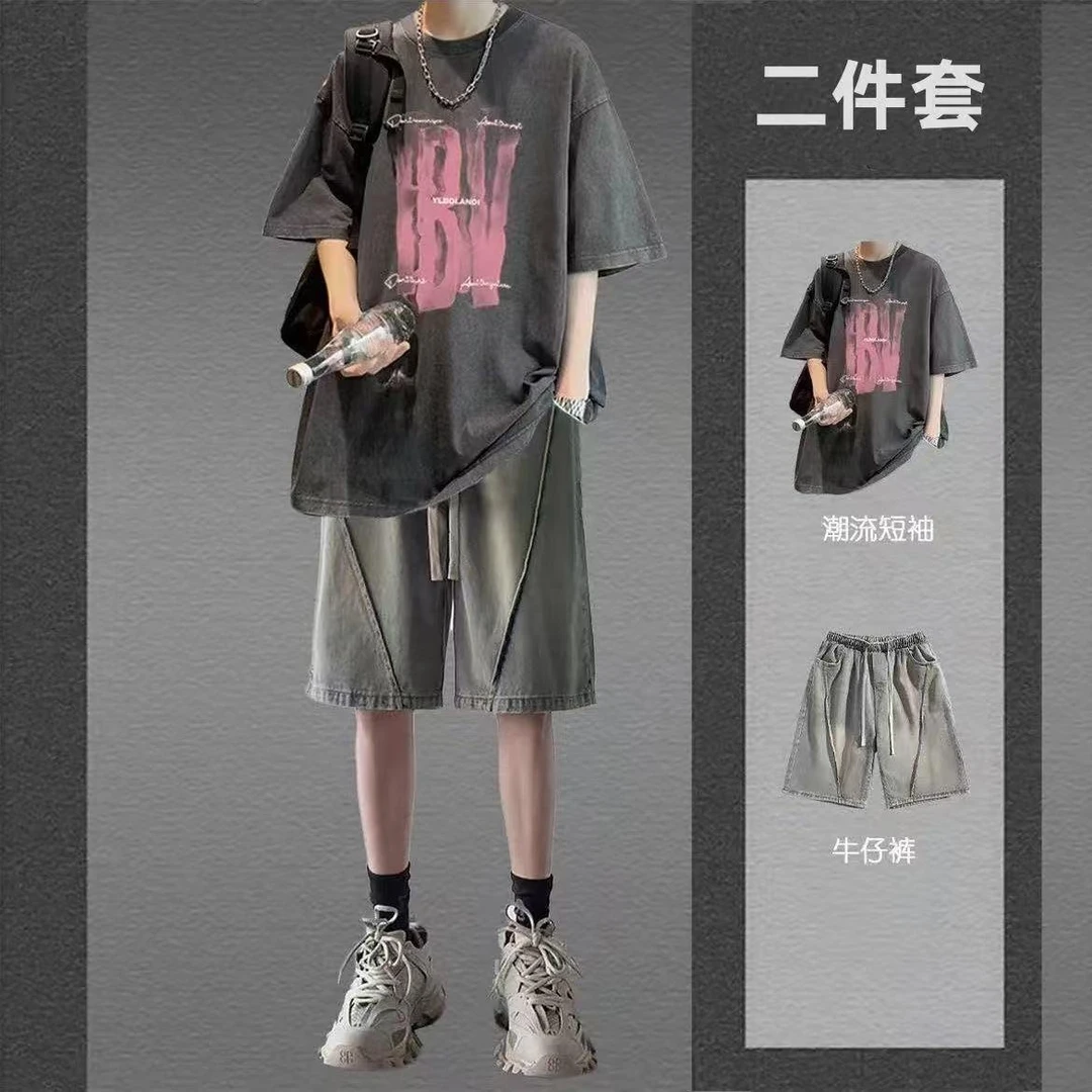 夏季短袖t恤套装男潮流酷帅穿搭休闲男装一套搭配牛仔短裤两件套
