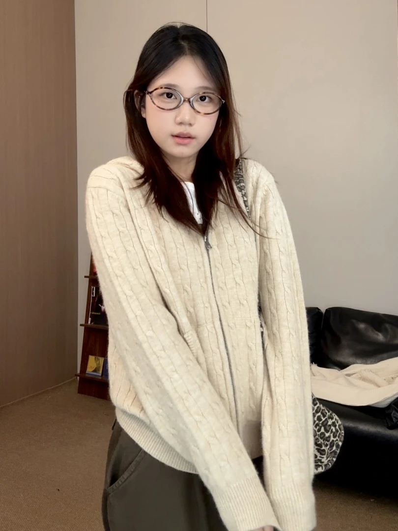 【麻花开衫】虎皮卷秋冬新款慵懒风麻花拉链连帽针织开衫毛衣外套女