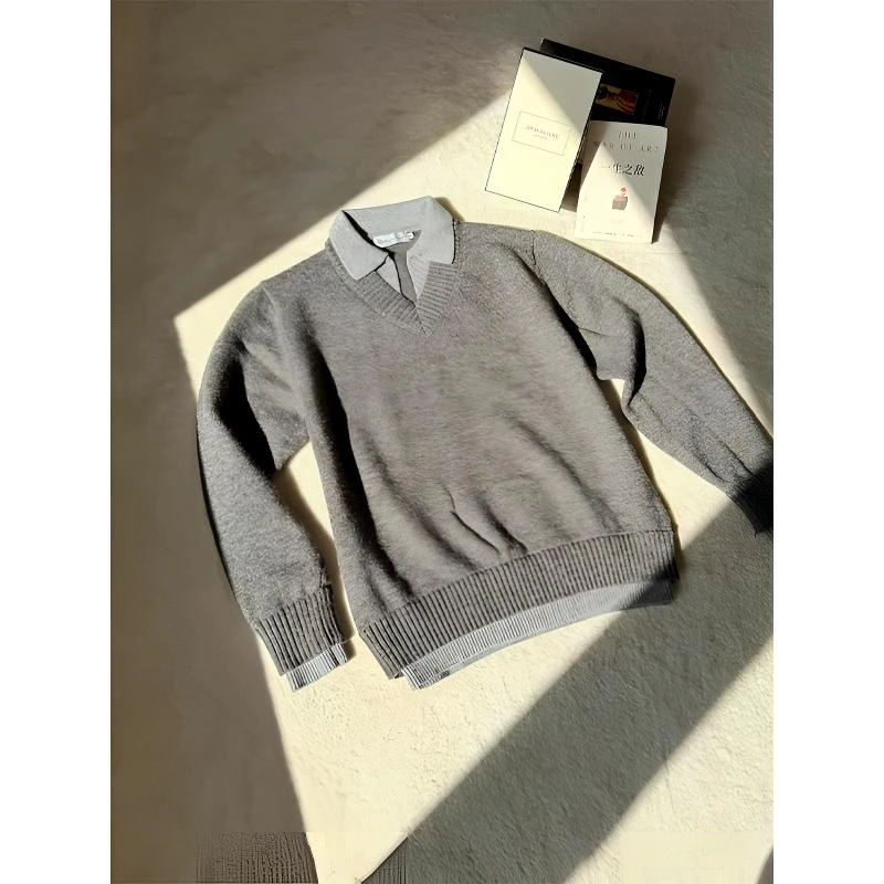 老钱风假两件毛衣男女高级感复古Polo针织衫外套双层V领套头上衣