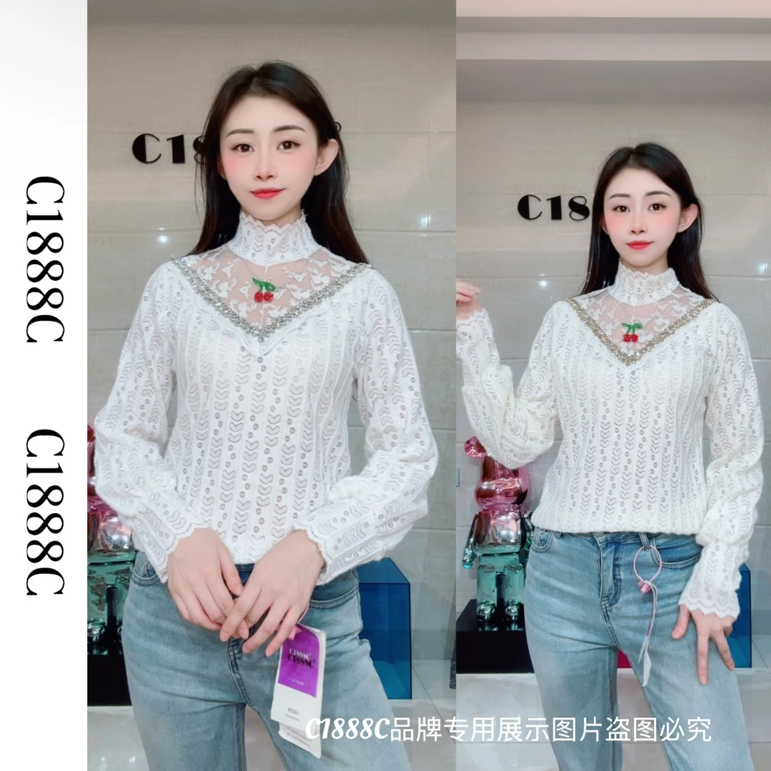2460#C1888C品牌正品高端定制重工植绒蕾丝衫