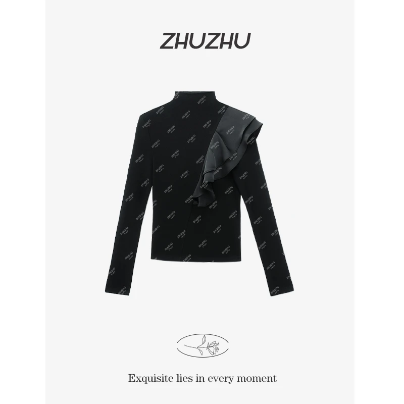 2025新款长袖T恤女气质百搭内搭修身半高领拼接撞色打底上衣9918