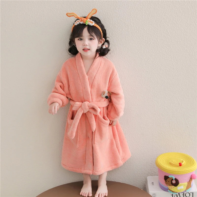 儿童吸水浴袍舒适秋冬季小女孩睡袍宝宝可穿式浴巾女童珊瑚绒睡袍