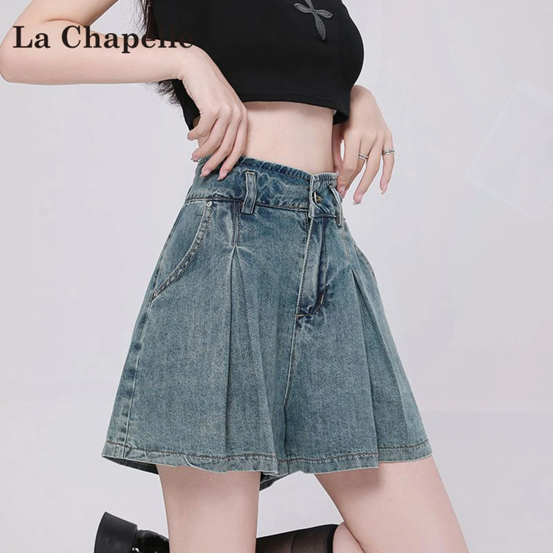 拉夏贝尔辣妹高腰牛仔短裤女夏季2025新款美式百搭修身显瘦a字裤