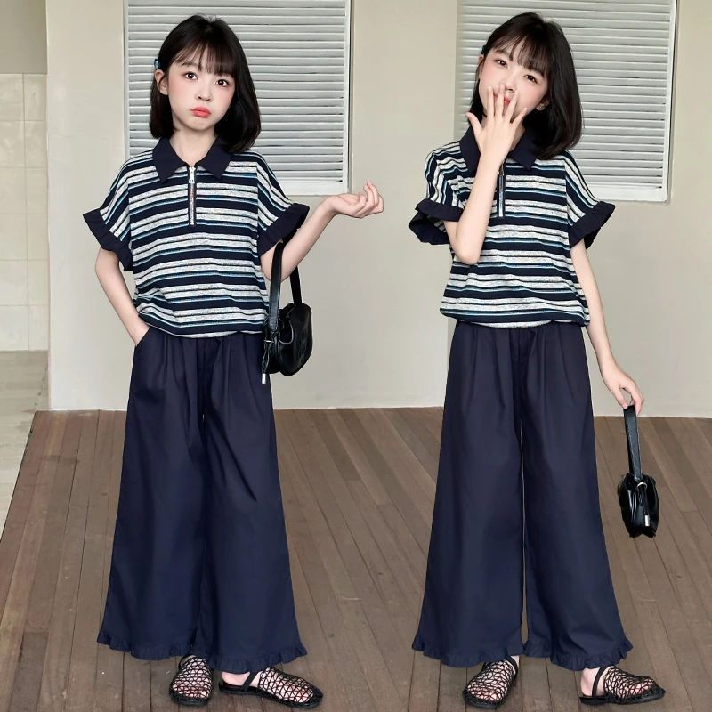 女童条纹短袖阔腿裤套装2025新款中大童韩版时髦洋气两件套薄款潮