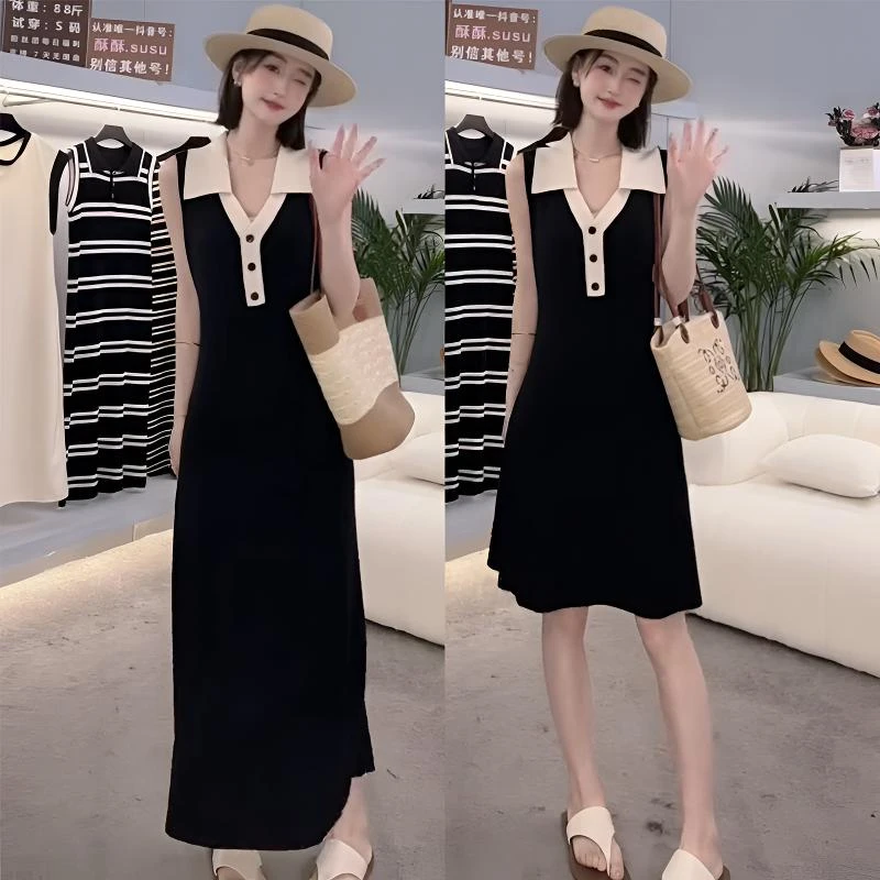 小众气质高档韩版轻奢POLO领撞色显瘦小黑裙针织连衣裙子女款长款