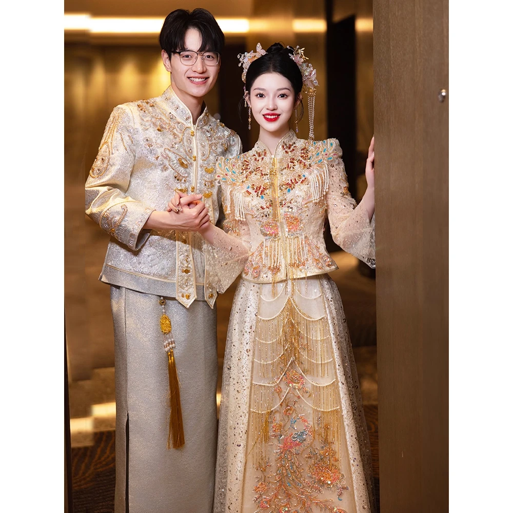 新娘秀禾服2025新款结婚中式大码服香槟色男女情侣高端奢华龙凤褂