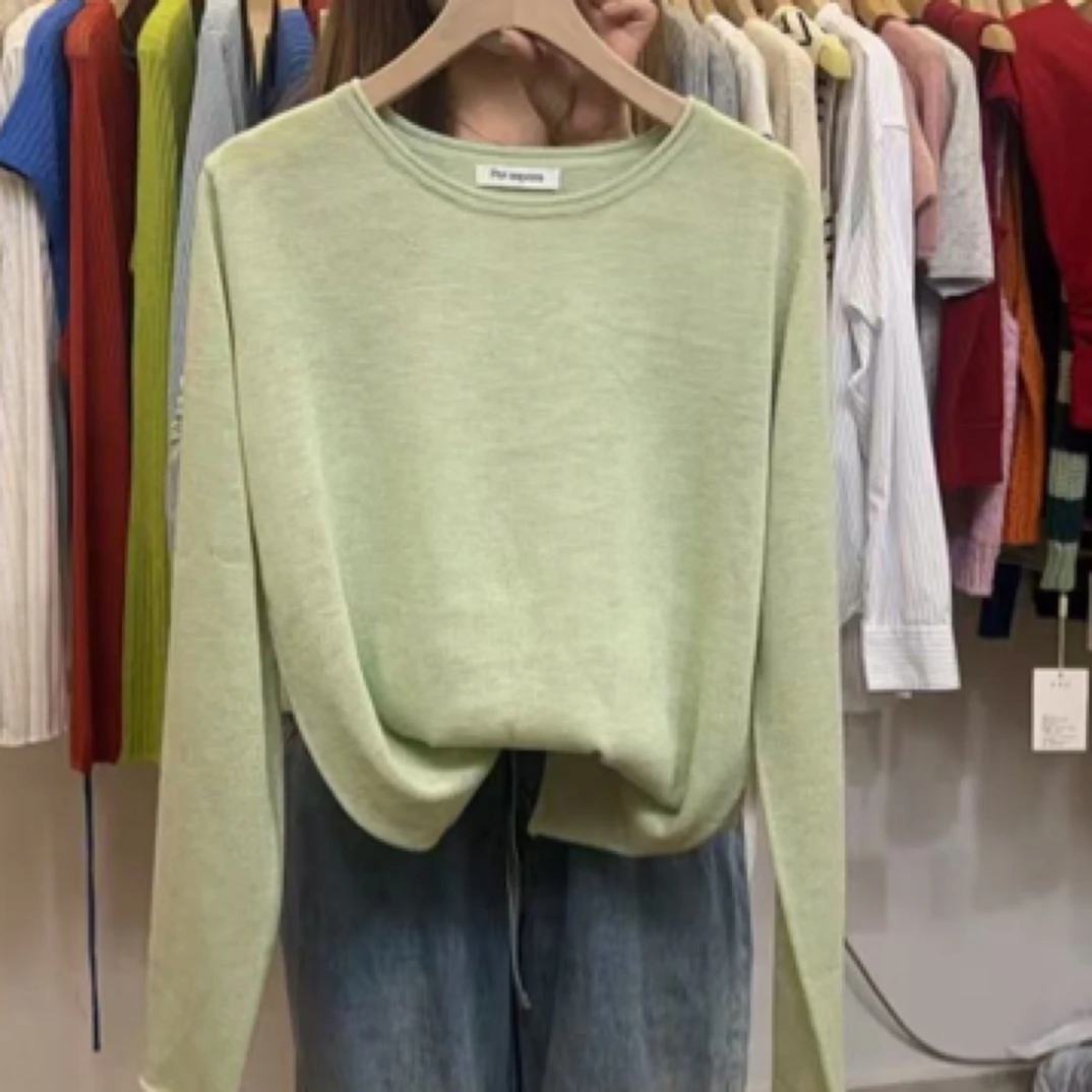 T2329 治愈薄荷绿 简约纯色圆领卷边百搭长袖上衣