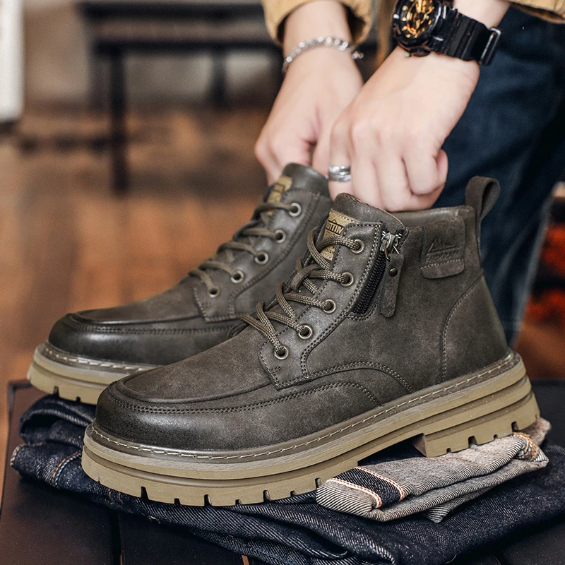 男士百搭马丁靴潮流高帮时尚潮鞋真皮复古加绒英伦风秋冬季爆款
