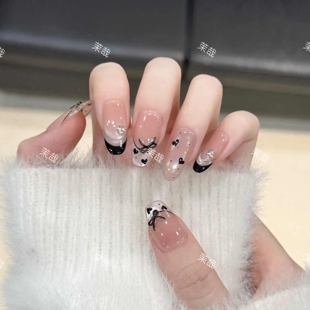 茉哉清现货【黑玫甜心】纯手工定制美甲拆卸穿戴甲A4153