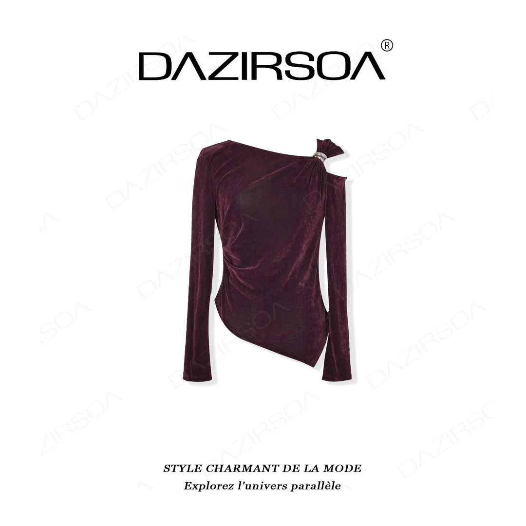 DAZIRSOA/达姿“动静有形”时尚百搭蝴蝶结洋气露肩丝绒上衣 AB633