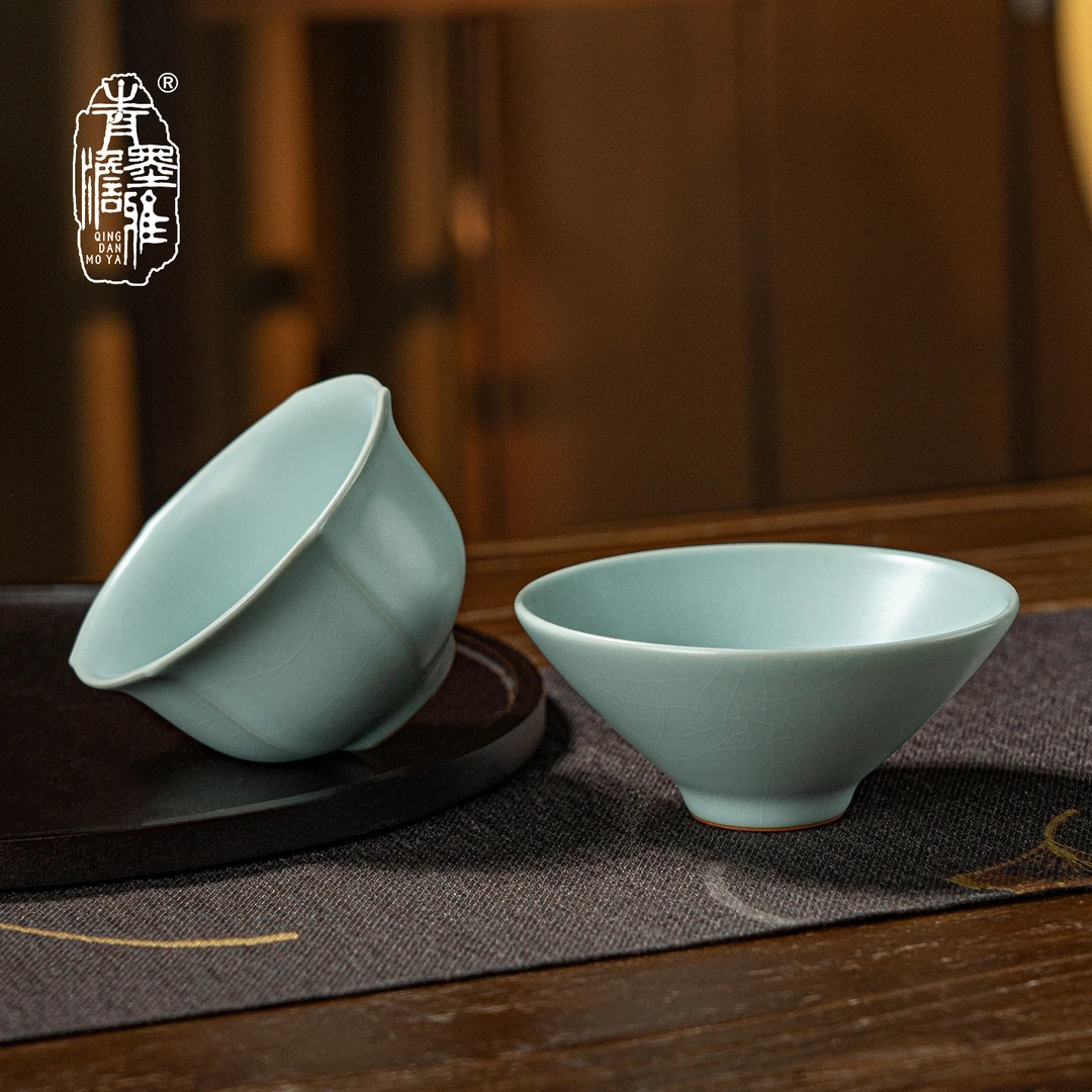 青澹墨雅汝窑茶杯对杯复古青瓷景德镇陶瓷功夫茶茶具玉润斗笠对杯