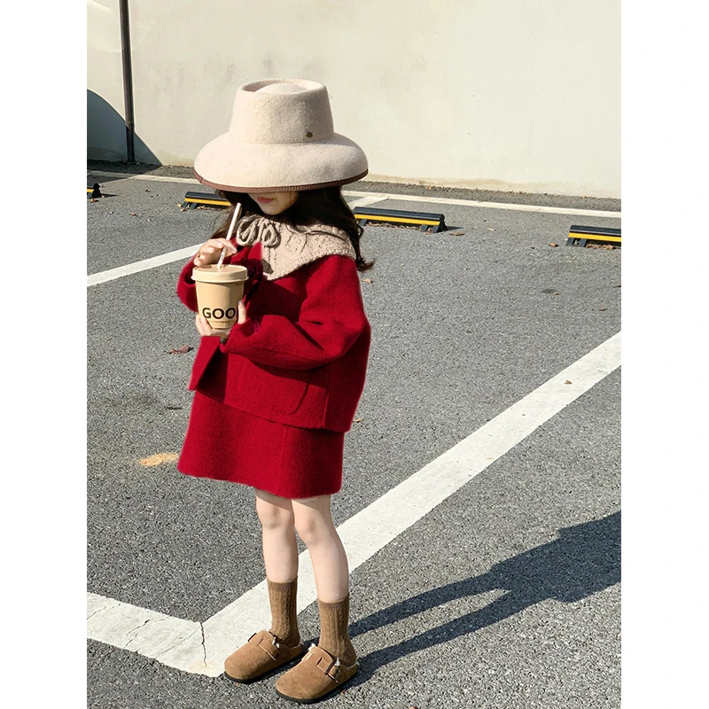 现货壹妈女童拜年服毛呢套装秋冬儿童宝宝洋气红色披肩外套半身裙