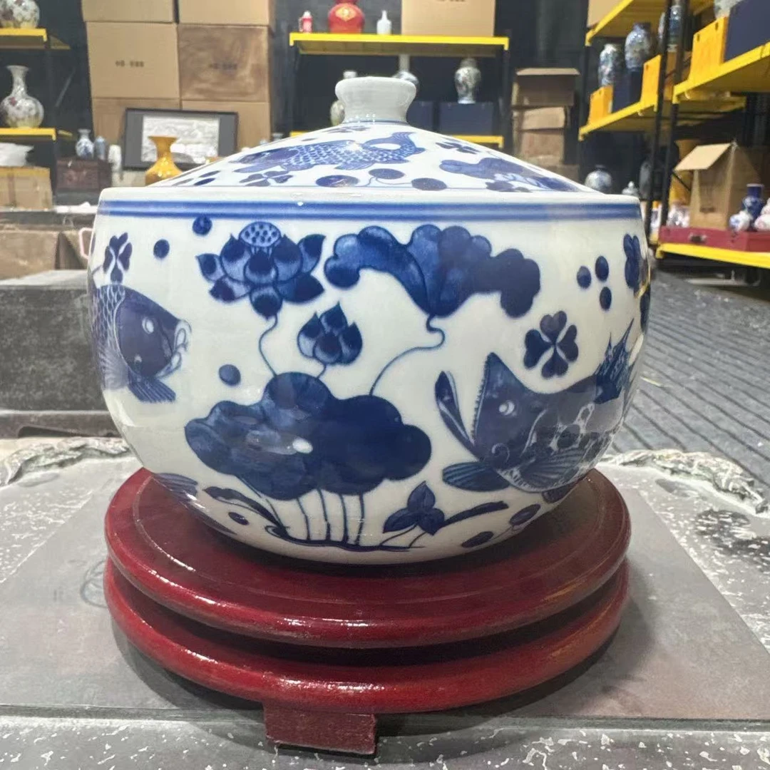 景德镇青花鱼藻纹3斤储物罐（1972）+底座