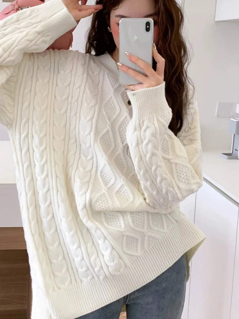 奶白色毛衣女宽松慵懒风秋冬加厚套头麻花中长款针织上衣