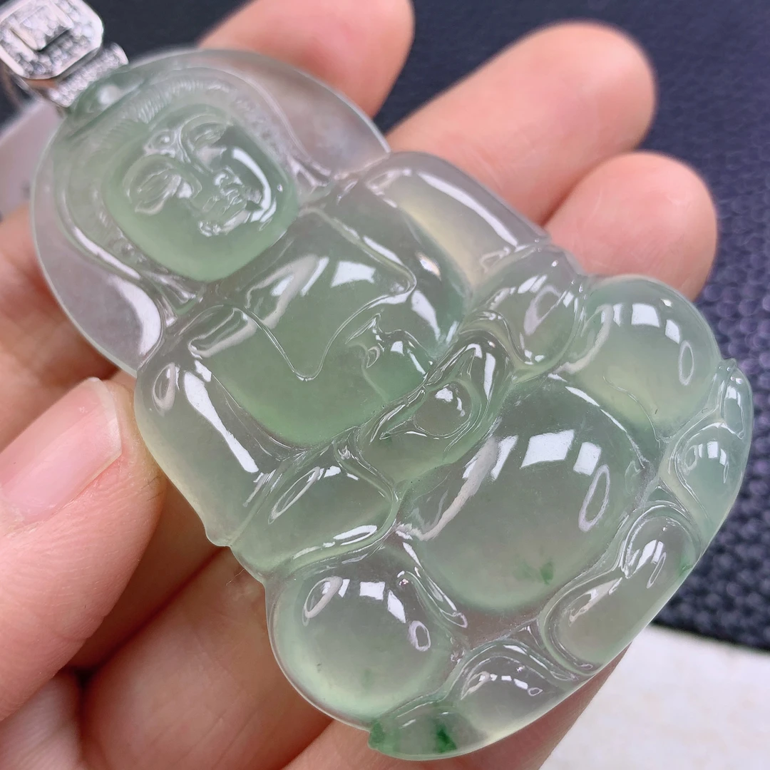 天然缅甸A货翡翠冰种胶感观音吊坠镶18k金冰透气质精雕