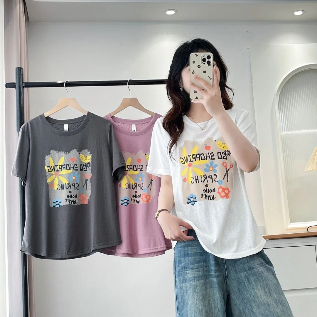 大码夏季2025新宽松显瘦圆领时尚雪花棉字母T恤印花薄款短袖上衣