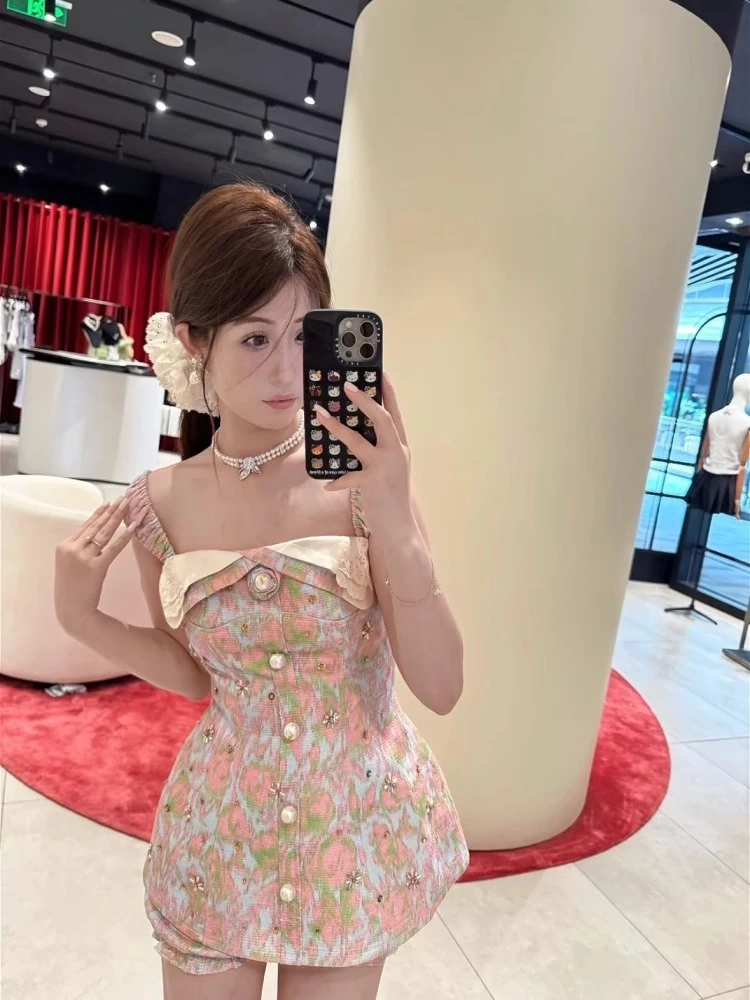 【今安安】连衣裙法式浪漫粉色印花少女吊带套装2025夏款