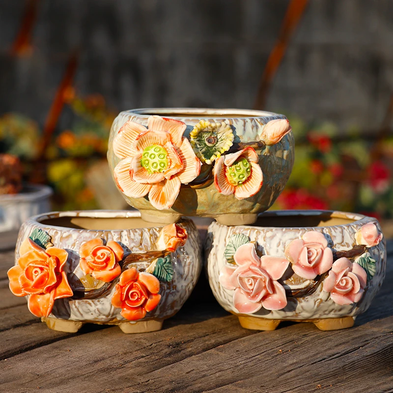 元宝盆手工捏花多肉花盆老桩粗颗粒陶瓷花盆