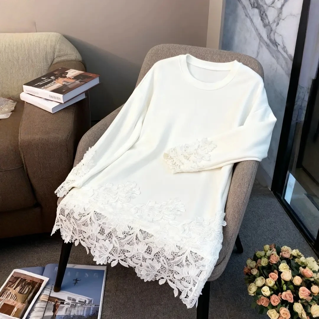 韩系气质蕾丝拼接长袖T恤上衣女2025秋冬新款宽松显瘦加厚打底衫