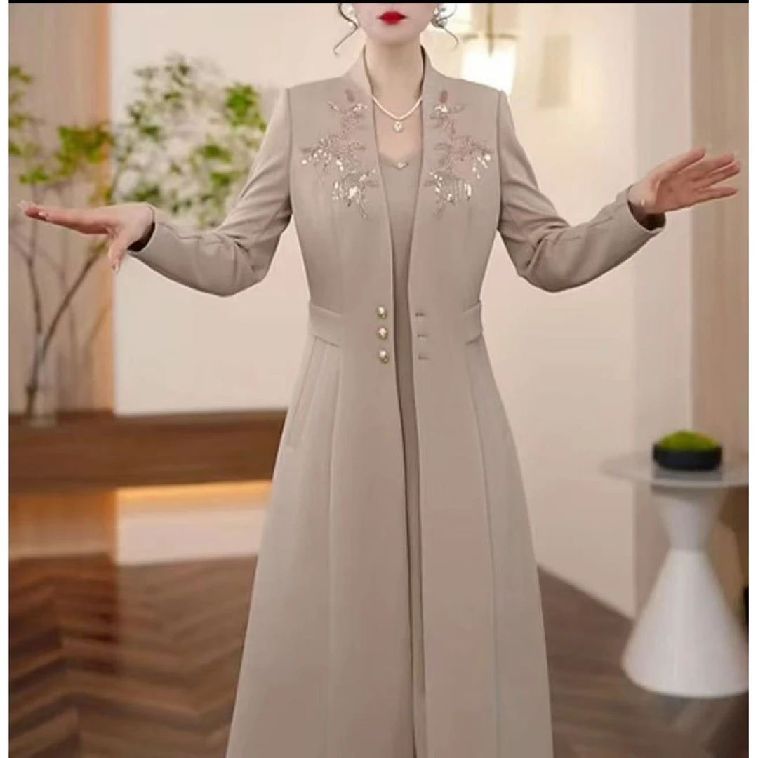 高端时尚风衣连衣裙女两件套2025春秋新款洋气妈妈装大衣套装裙子