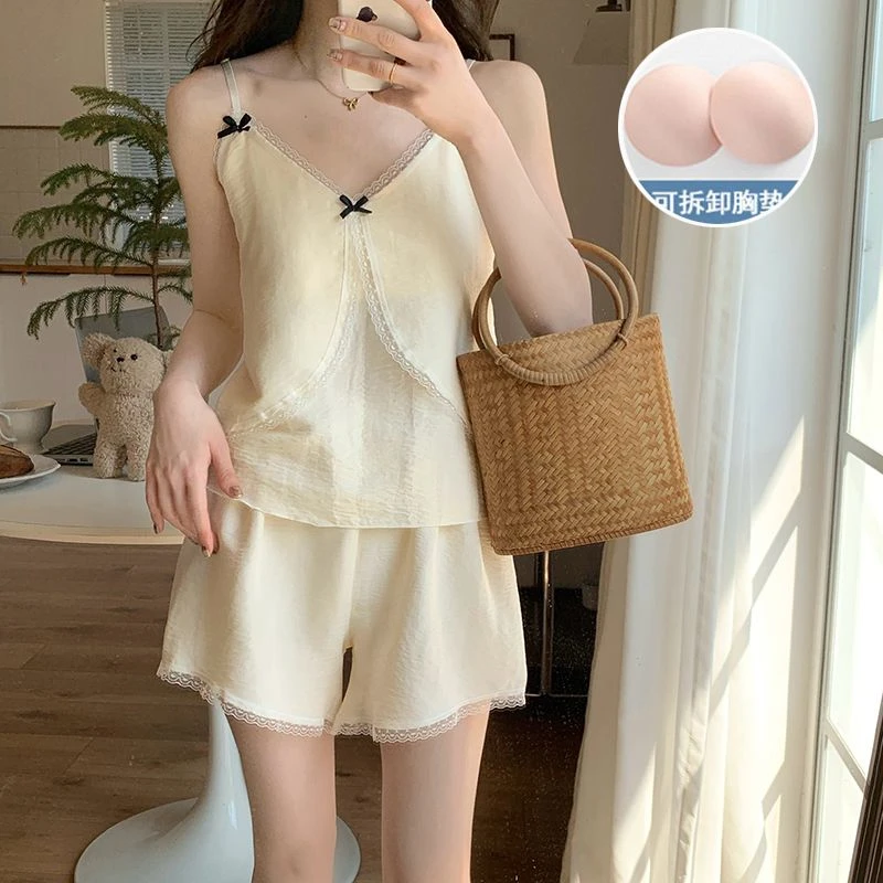 带胸垫睡衣女夏季薄款吊带少女感2025新款网红爆款家居服套装杏色