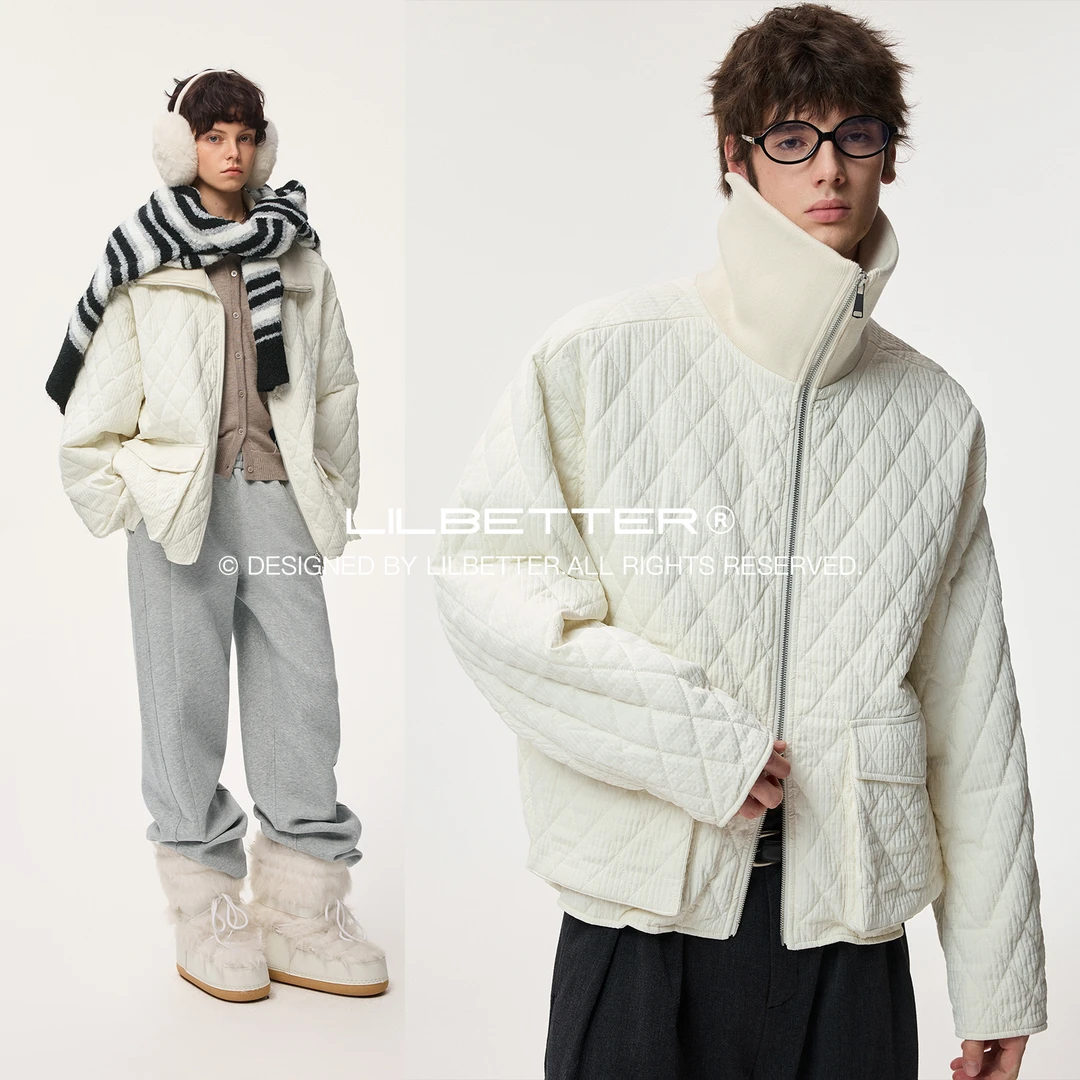 Lilbetter罗纹翻领编织感绗缝棉服2025冬立体口袋宽松保暖厚外套