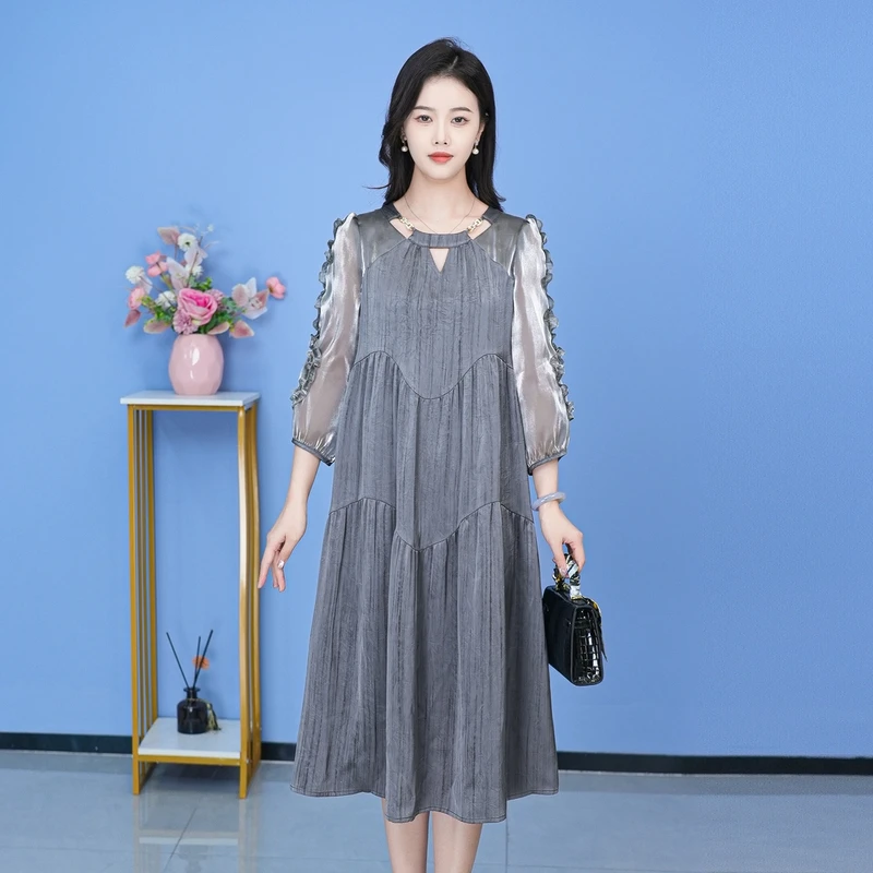 新款连衣裙中长款气质中式收腰印花修身女装连衣裙