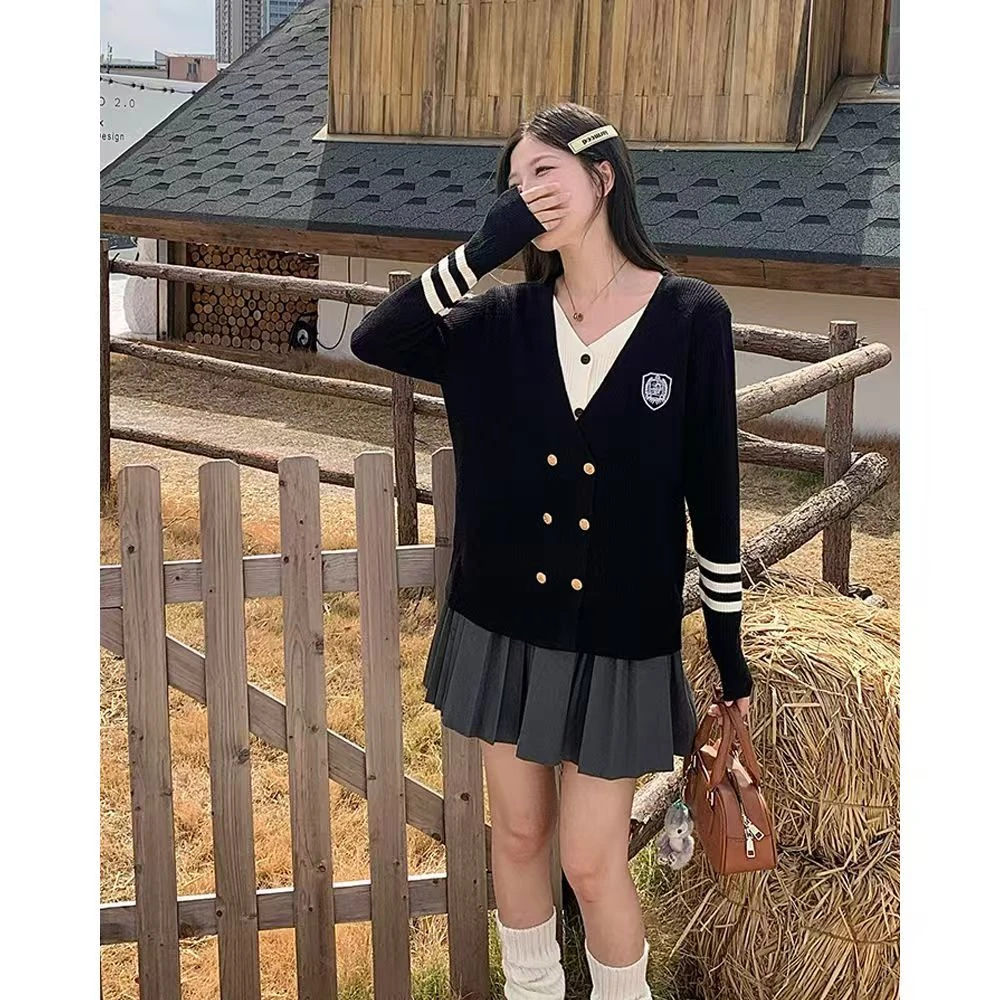 2025秋冬新款双排扣假两件针织开衫韩版学院风毛衣小香风显瘦