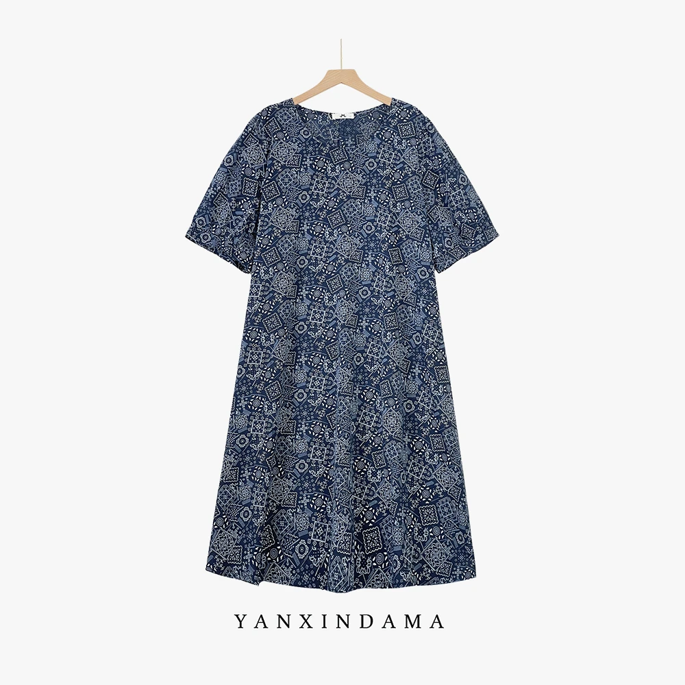 【岩心】大码女装300斤胖MM夏季慵懒风高腰印花A字连衣裙160