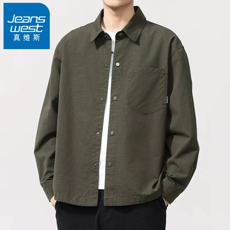 Jeanswest/真维斯高端纯棉简约透气工装长袖衬衫男春秋新款日系复