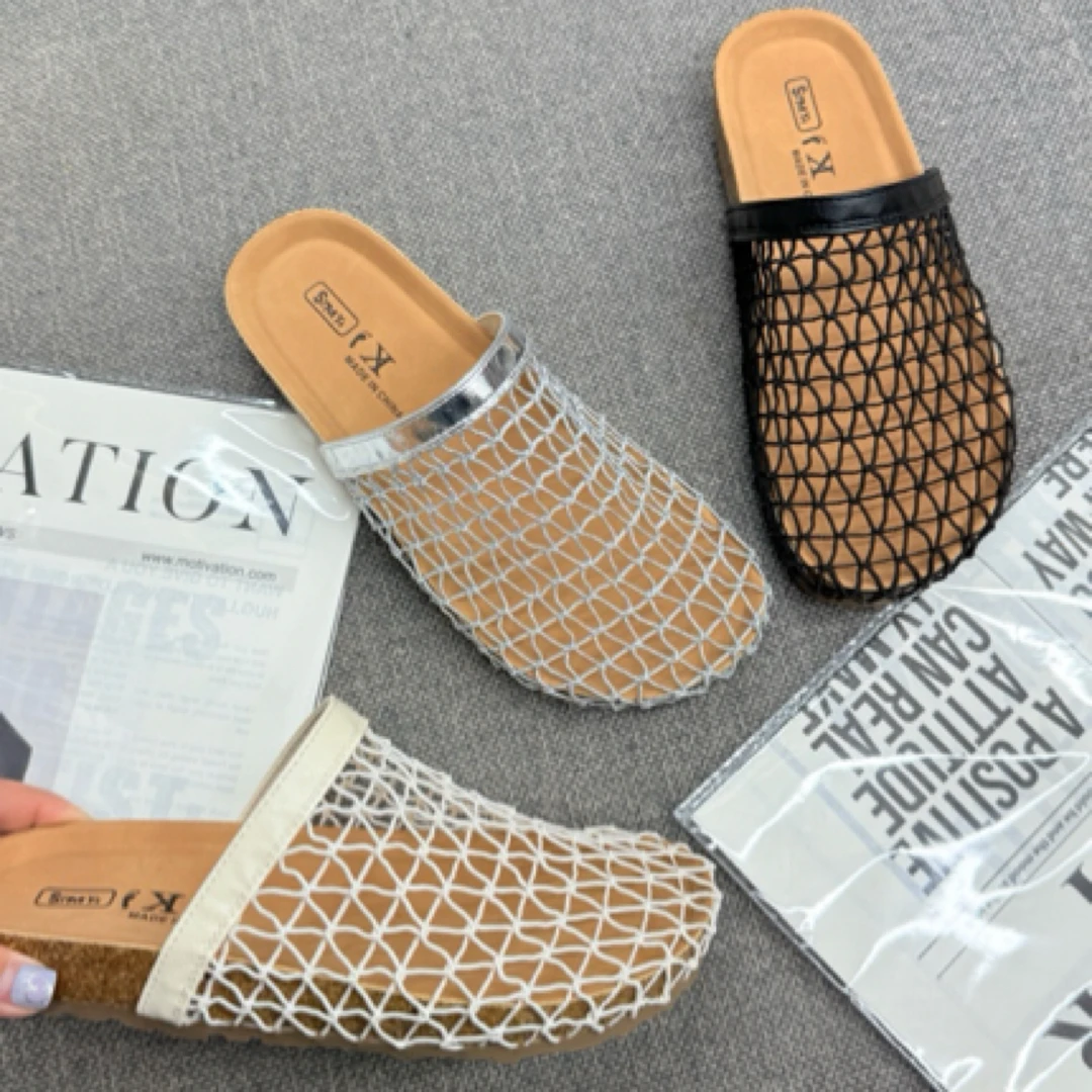 渔网包头半拖鞋软木渔网勃肯鞋女外穿2025新款夏季厚底勃肯半拖鞋