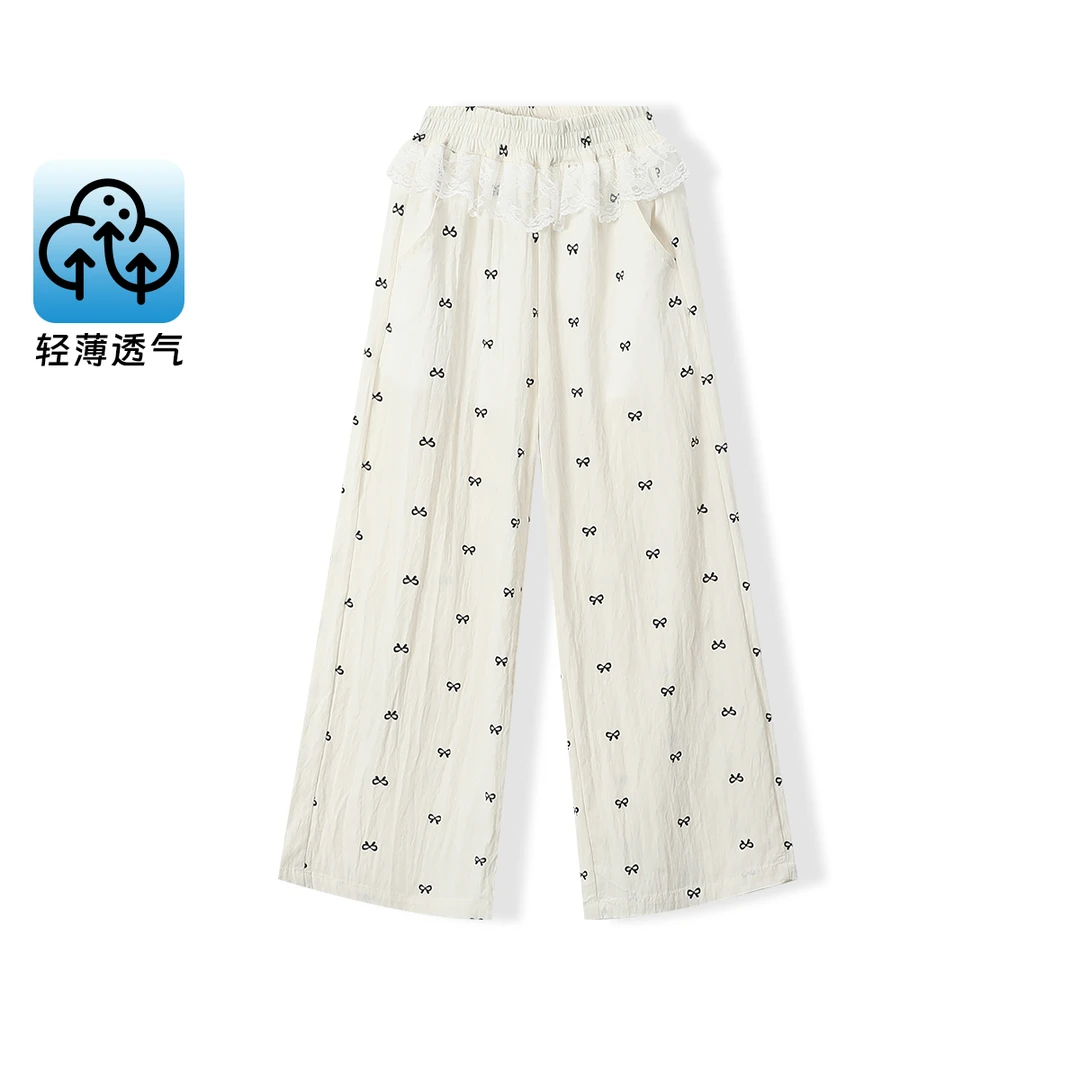 梦特娇女童阔腿裤夏季新款满印蝴蝶结冰丝轻薄透气儿童休闲裤D54