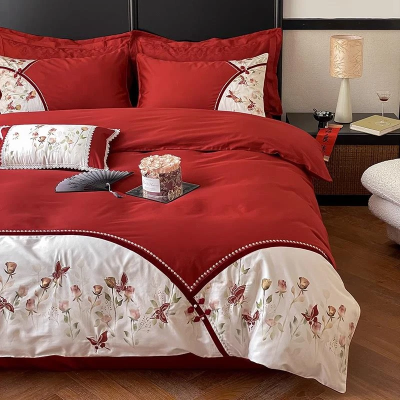 水星家纺适用乐优公主100支长绒棉结婚四件套大红色婚庆喜被床单