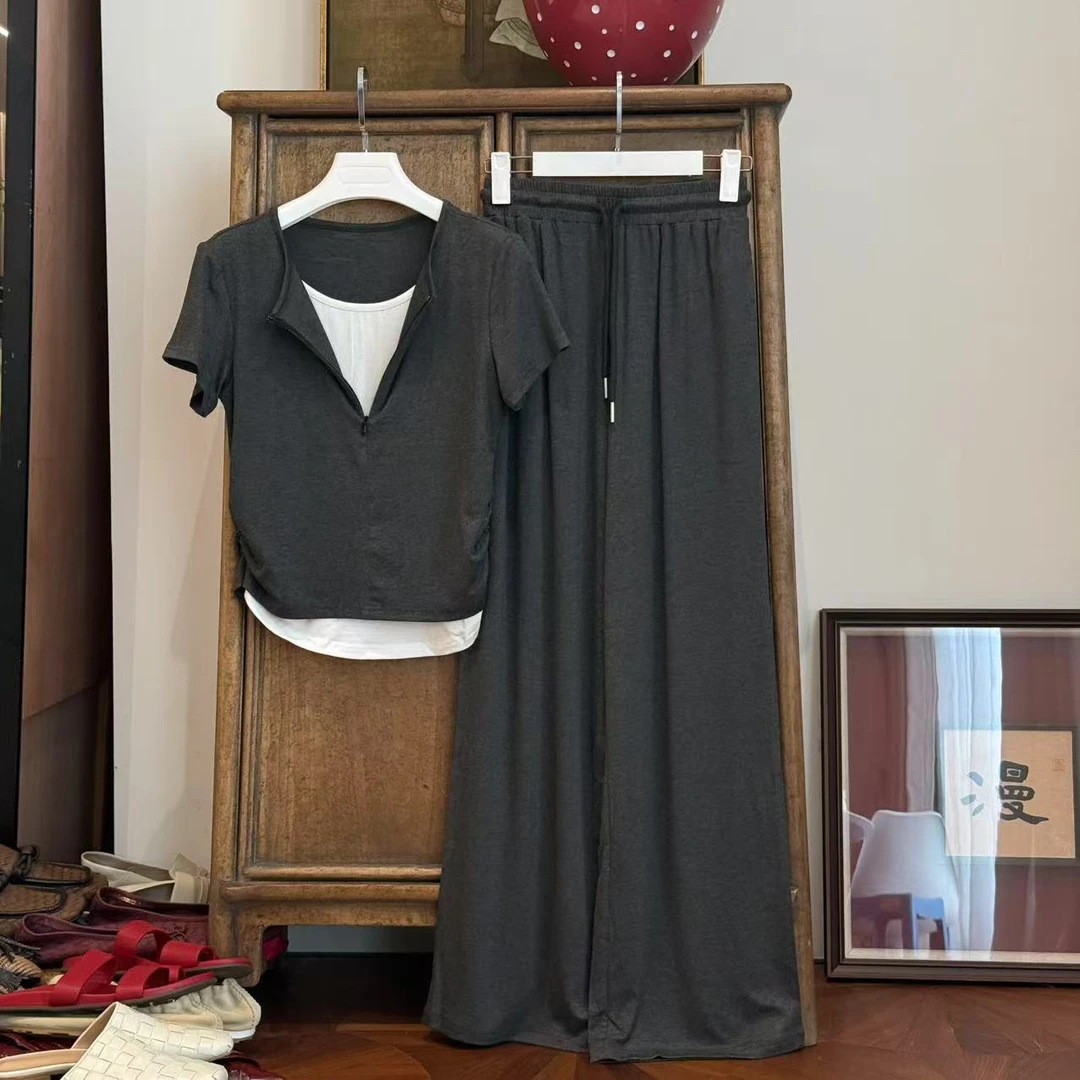 MYL 2025夏季新品人棉混纺灰色套装圆领短袖假两件中腰系带阔腿裤