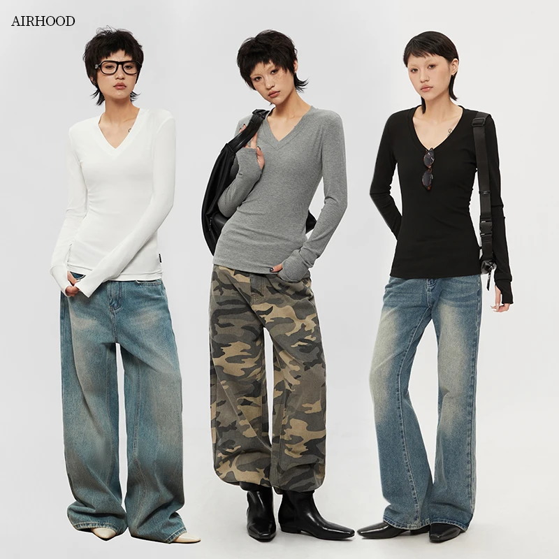 AIRHOOD美式长袖紧身打底衫女秋新款V领修身t恤韩系内搭上衣A4452