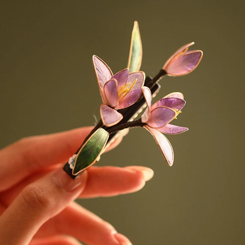 新中式蚕丝线绒花掐丝紫色花朵侧边边夹复古旗袍汉服发钗发卡头